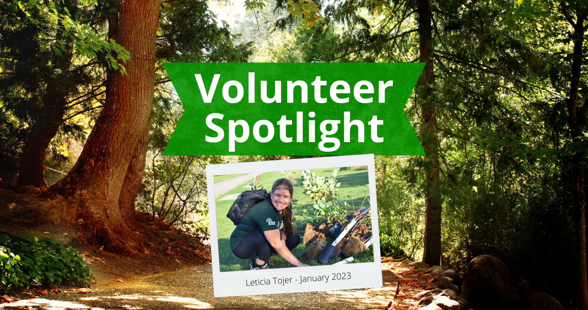 Volunteer Spotlight graphic with a photo of Leticia